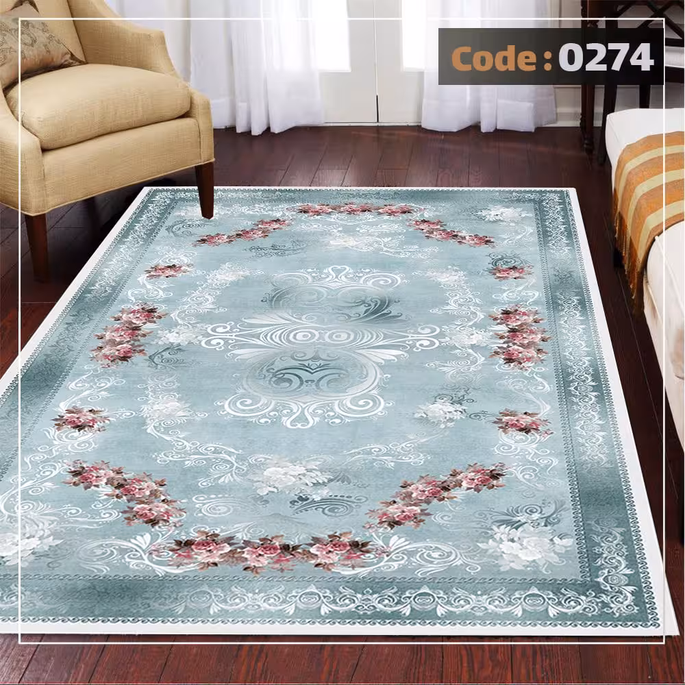 کاورفرش روفرشی دورکشدار گوشه لیفه ای لاکی ، آبی و متنوع کد 0274