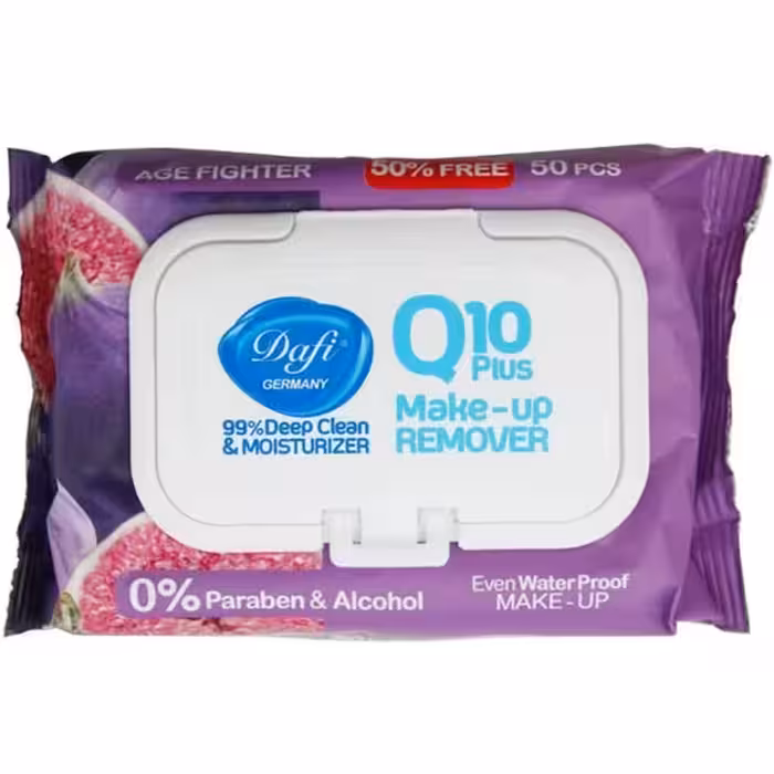 دستمال مرطوب پاک کننده آرایش چشم و صورت ضد چروک طرح انجیر دافی 50 عددی Dafi
