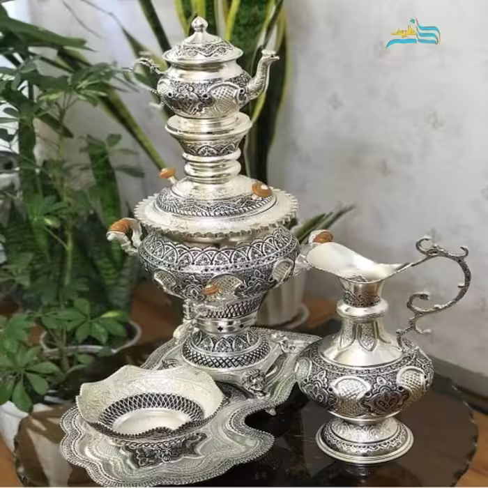 سرویس سماور زغالی برنجی 5 لیتری آبکاری نقره با پوشش کوره ای