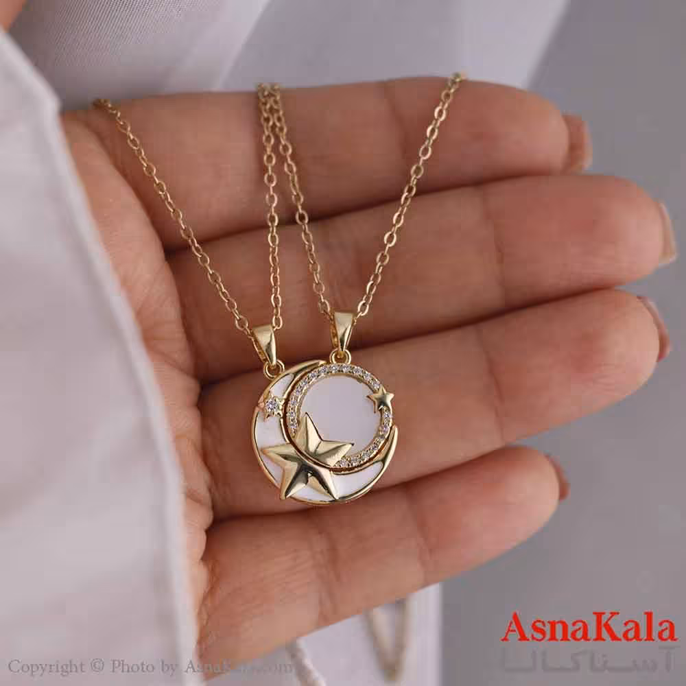 گردنبند ست دو نفره استیل 316 مدل ماه و خورشید آینه ای طلایی کد GNB16802W