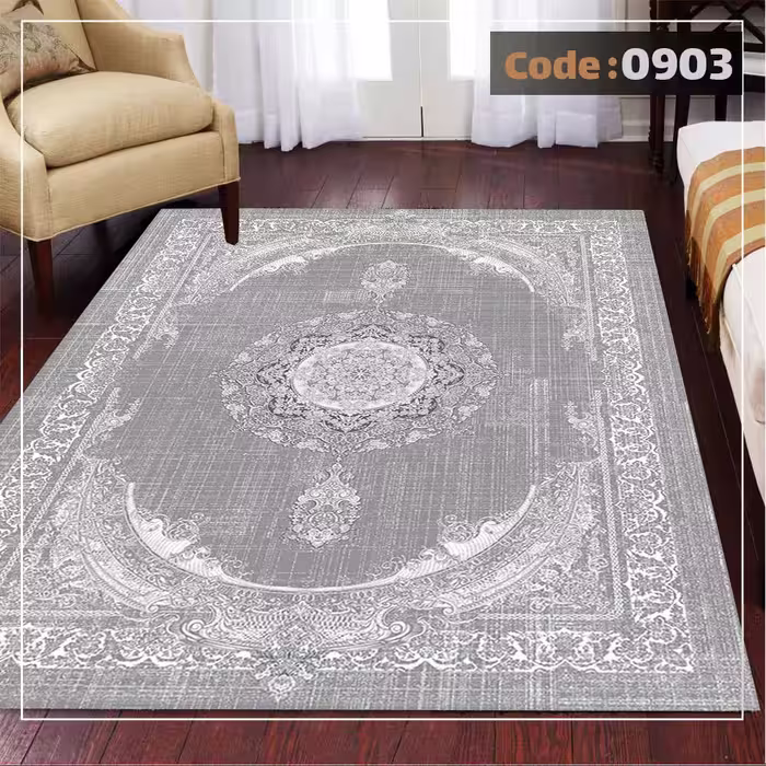 کاورفرش روفرشی دورکشدار گوشه لیفه ای طوسی کرم کد 0903