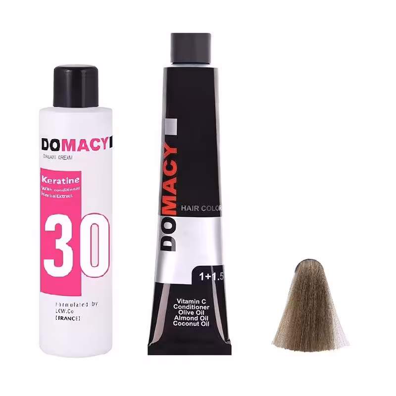 رنگ مو دوماسی شماره 7.1 حجم 120 میلی لیتر رنگ بلوند دودی متوسط به همراه اکسیدان کد 02 نه درصدی حجم 180 میلی لیتر