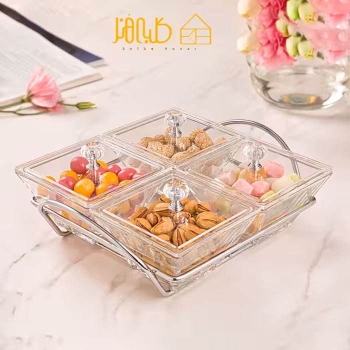 اردوخوری شیشه ای مربع 4 خانه لیمون