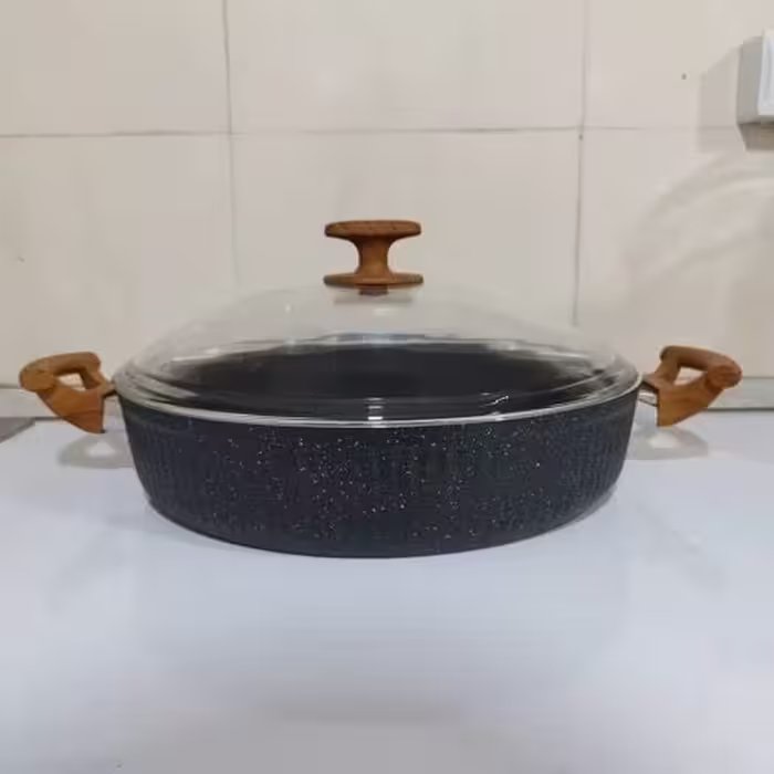 تابه دو دسته گرانیتی سایز 28، مدل فورس السا مشکی، برند EVIZ (اویز)، با ضمانت 18 ماهه
