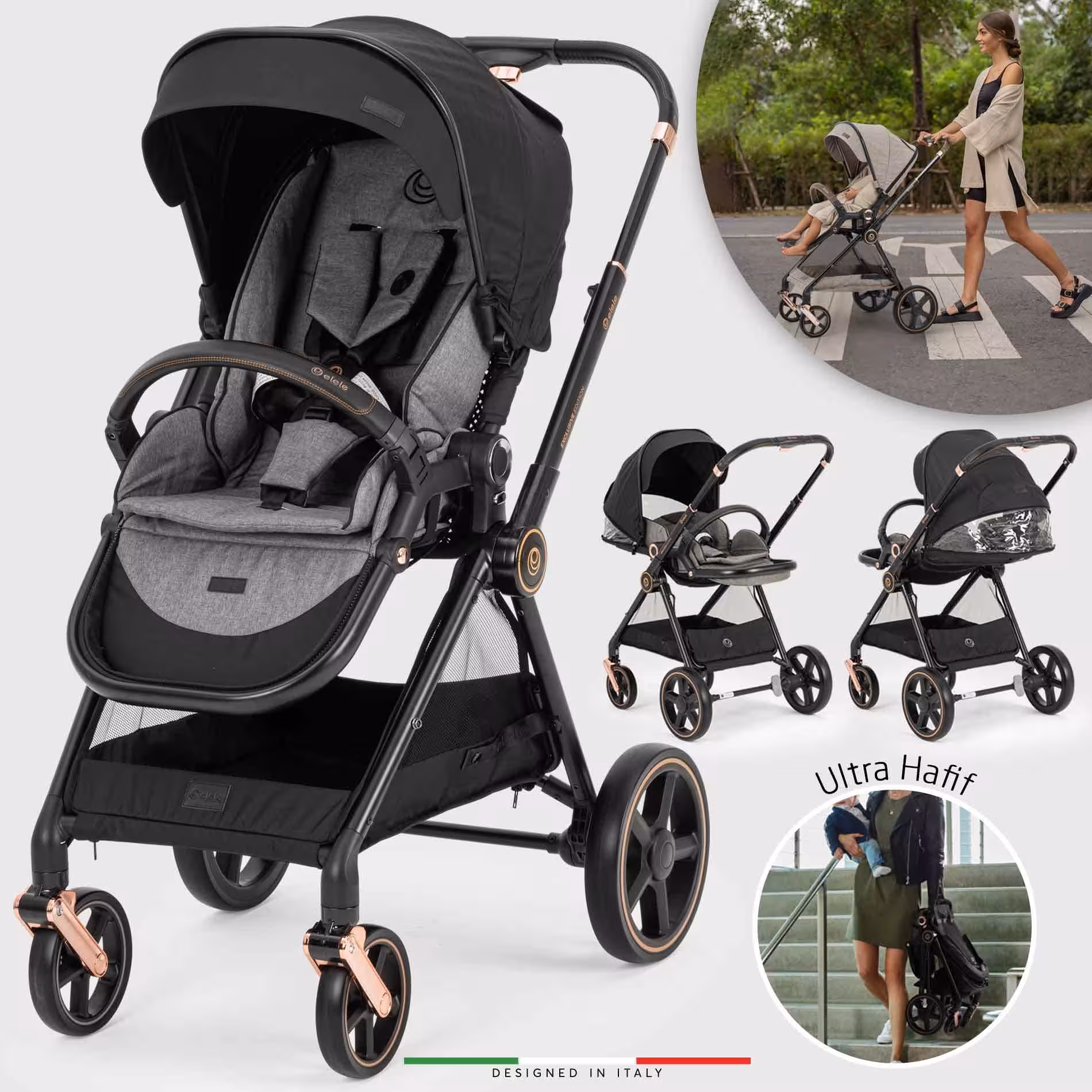 کالسکه کریر elele مدل میدو جدید ایتالیایی رزگلد مشکی  با گرم کن پای کودک  elele mido 2 black  ROSEGOLD