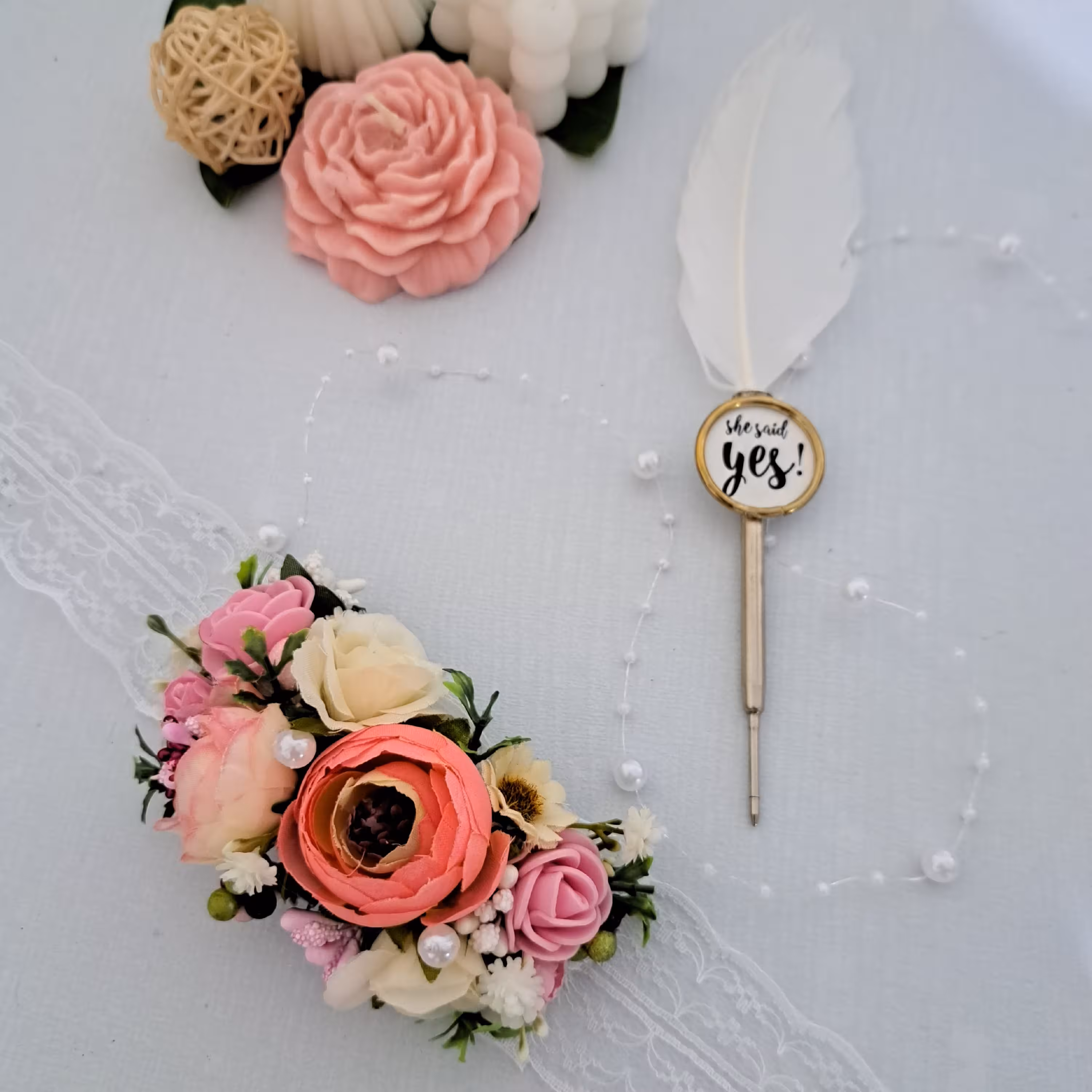 مچبند گل و مروارید و تور