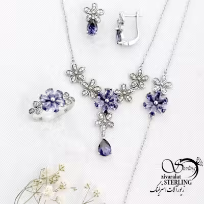 سرویس نقره گل بنفش عیار925 کد 15639