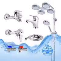 ست 7 عددی شیرآلات برند آیدا صنعت مدل قهرمان اردکی | شیر حمام   روشویی   توالت   علم دوش یونیورست هلی شاتی   شلنگ توالت   دو عدد شیر پیسوار | کروم براق