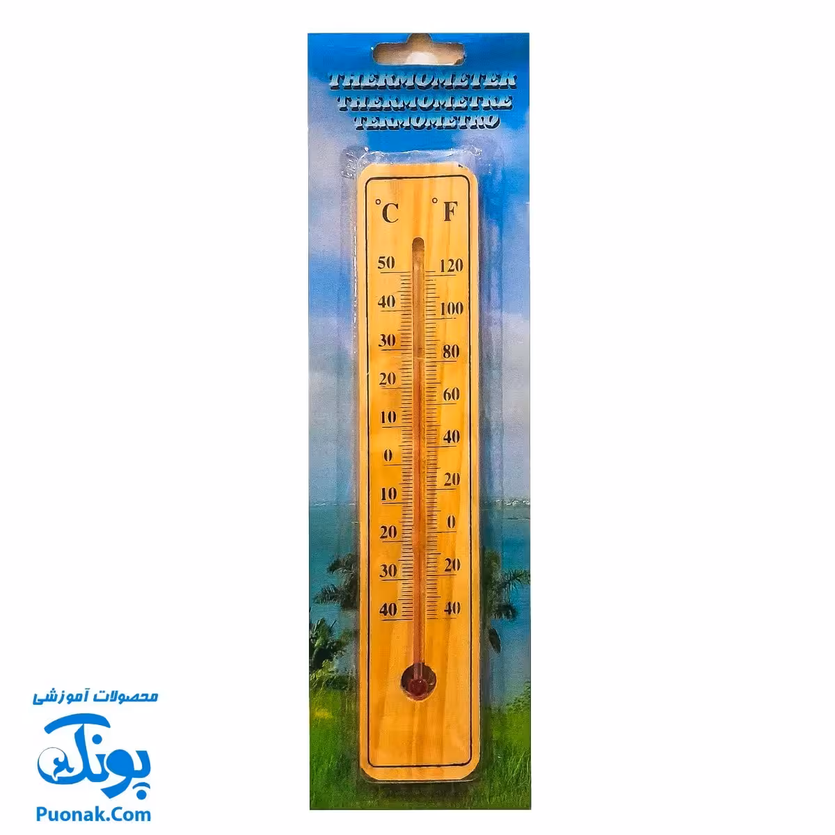 دماسنج چوبی بزرگ دیواری (دمای محیط با درجه سانتیگراد و فارنهایت سایز 20 سانتیمتر)