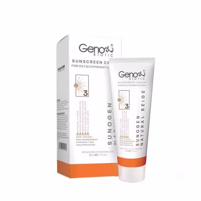 کرم ضدآفتاب SPF 50 بژ طبیعی ژنوبایوتیک 50 میلی‌لیتر | Genobiotic Sunscreen SPF 50 Natural Beige 50 ml