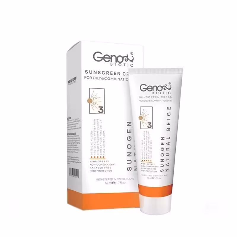 کرم ضدآفتاب SPF 50 بژ طبیعی ژنوبایوتیک 50 میلی‌لیتر | Genobiotic Sunscreen SPF 50 Natural Beige 50 ml