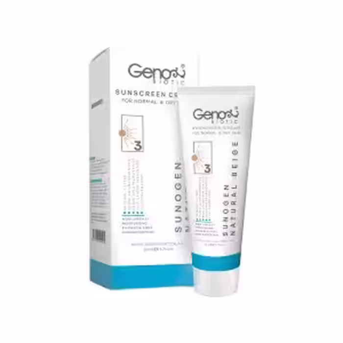 کرم ضدآفتاب بژ طبیعی SPF50 مناسب پوست خشک و معمولی ژنوبایوتیک 50 میلی‌لیتر GenoBiotic