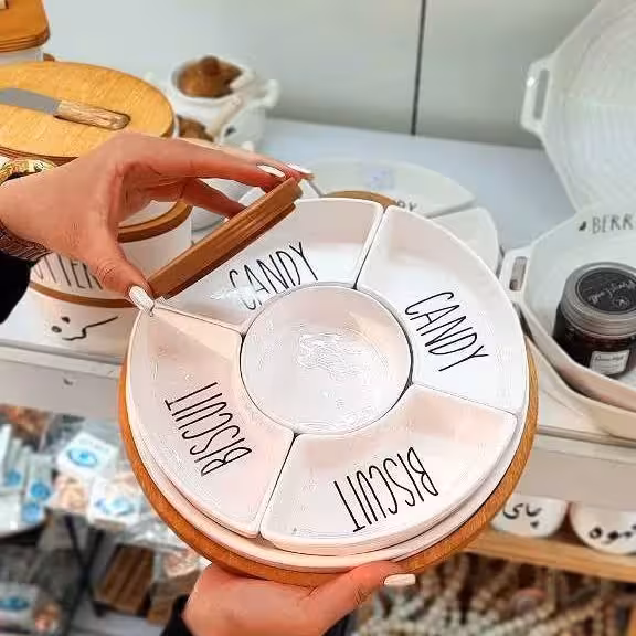 اردوخوری سرامیکی 4تکه زیره چوبی صبحانه خوری سرامیکی پایه چوبی بیسکوییت خوری 4خانه سرامیکی تنقلات خوری سرامیکی زیره چوبی