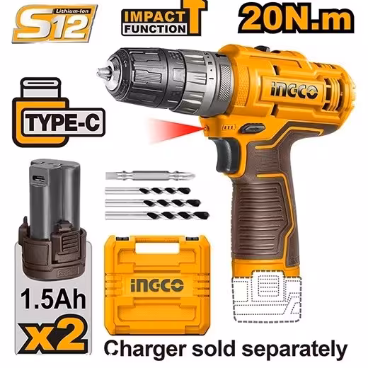 ارسال فوری   امکان خرید حضوری   دریل شارژی 12 ولت چکشی تایپ C اینکو کد CIDLI12202
