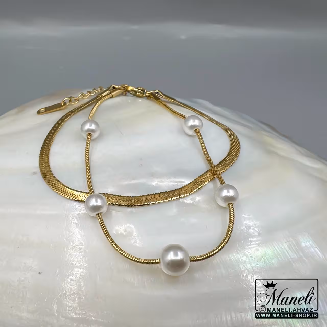 دستبند طلایی مرواریدی دو لاین  رنگ ثابت ظاهری لوکس|14040456