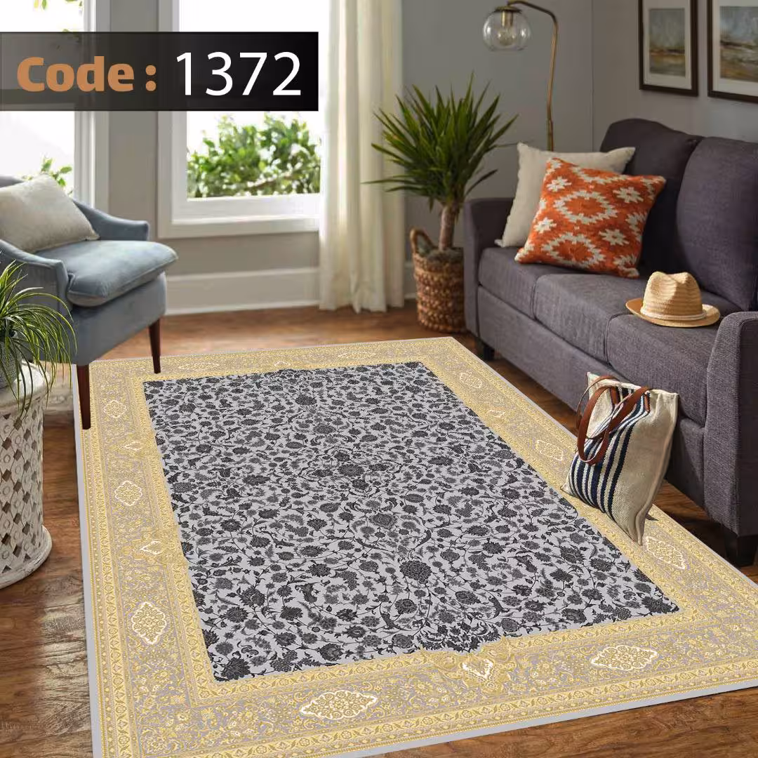 کاورفرش روفرشی دورکشدار گوشه لیفه ای طوسی کرم کد 1372