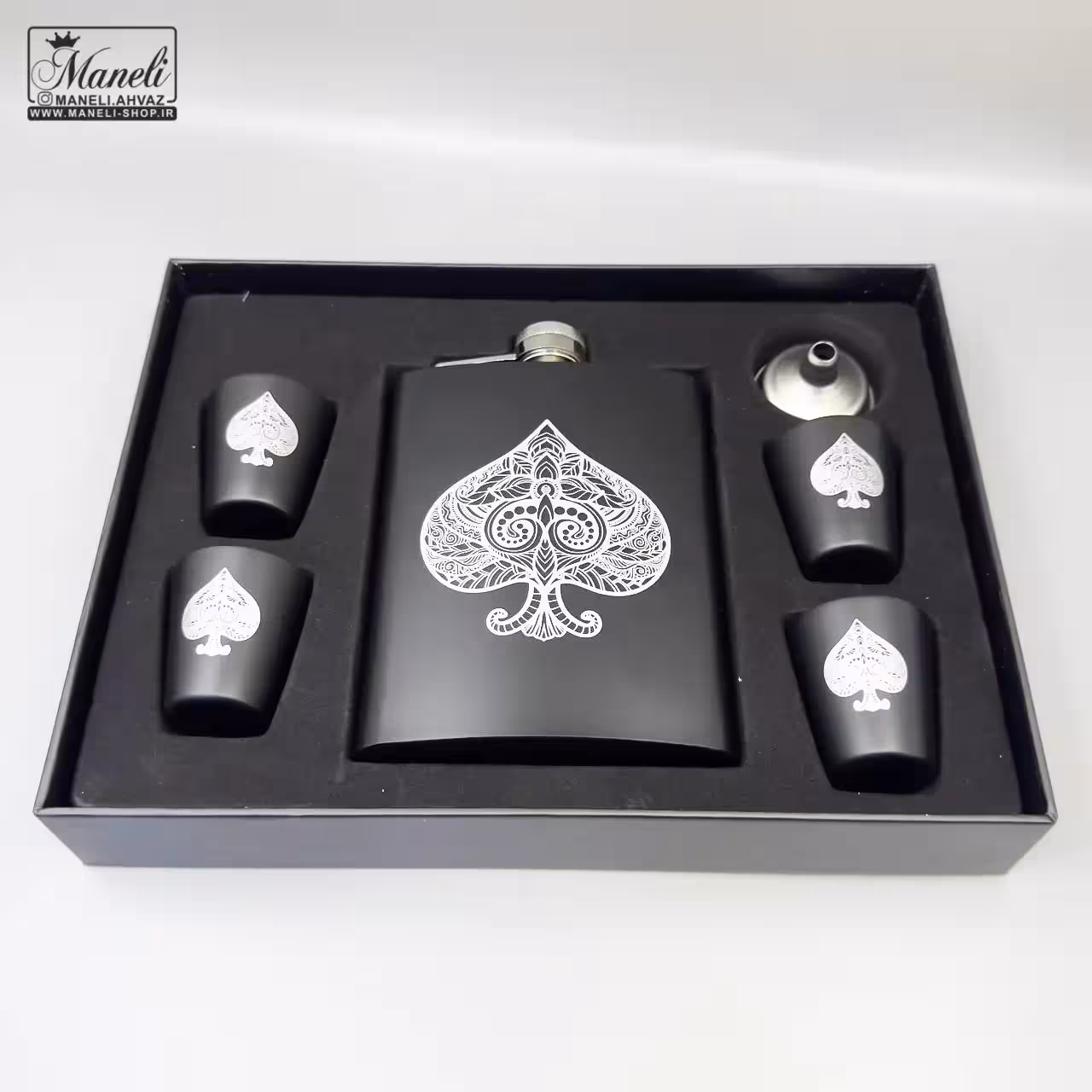 ست فلاسک و شات استیل مشکی طرح اسپیک – ظرفیت 8oz | جعبه دار 140310108