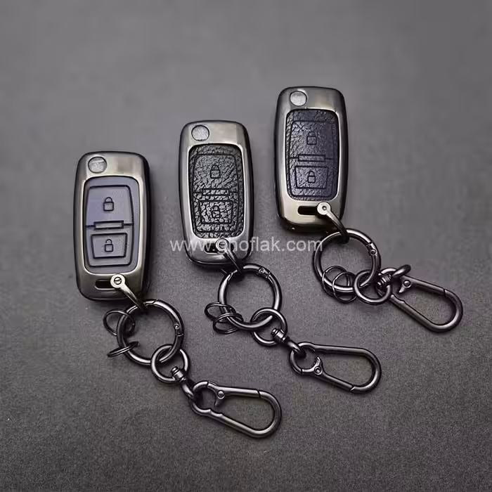 کاور ریموت پژو 405 و پارس کلید تاشو دو دکمه بدون بند دور فلزی وسط چرم