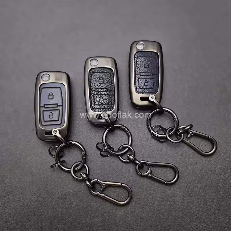 کاور ریموت پژو 405 و پارس کلید تاشو دو دکمه بدون بند دور فلزی وسط چرم