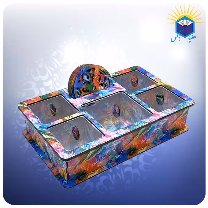 جعبه پذیرایی پنج خانه با زیر لیوانی طرح پر