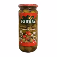 زیتون شور با مغر فلفل دلمه قرمز فامیلا 460 گرمی