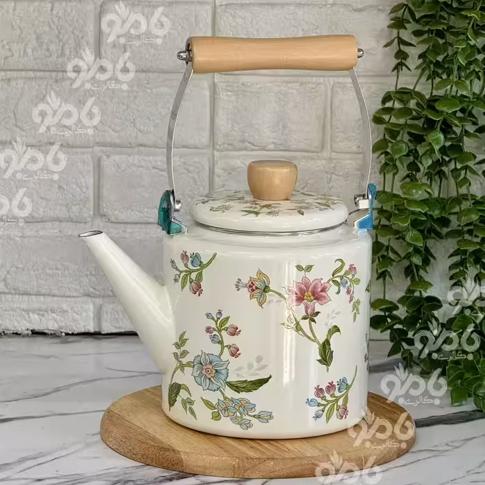 کتری تک لعابی دسته چوب گلدار 2 لیتر