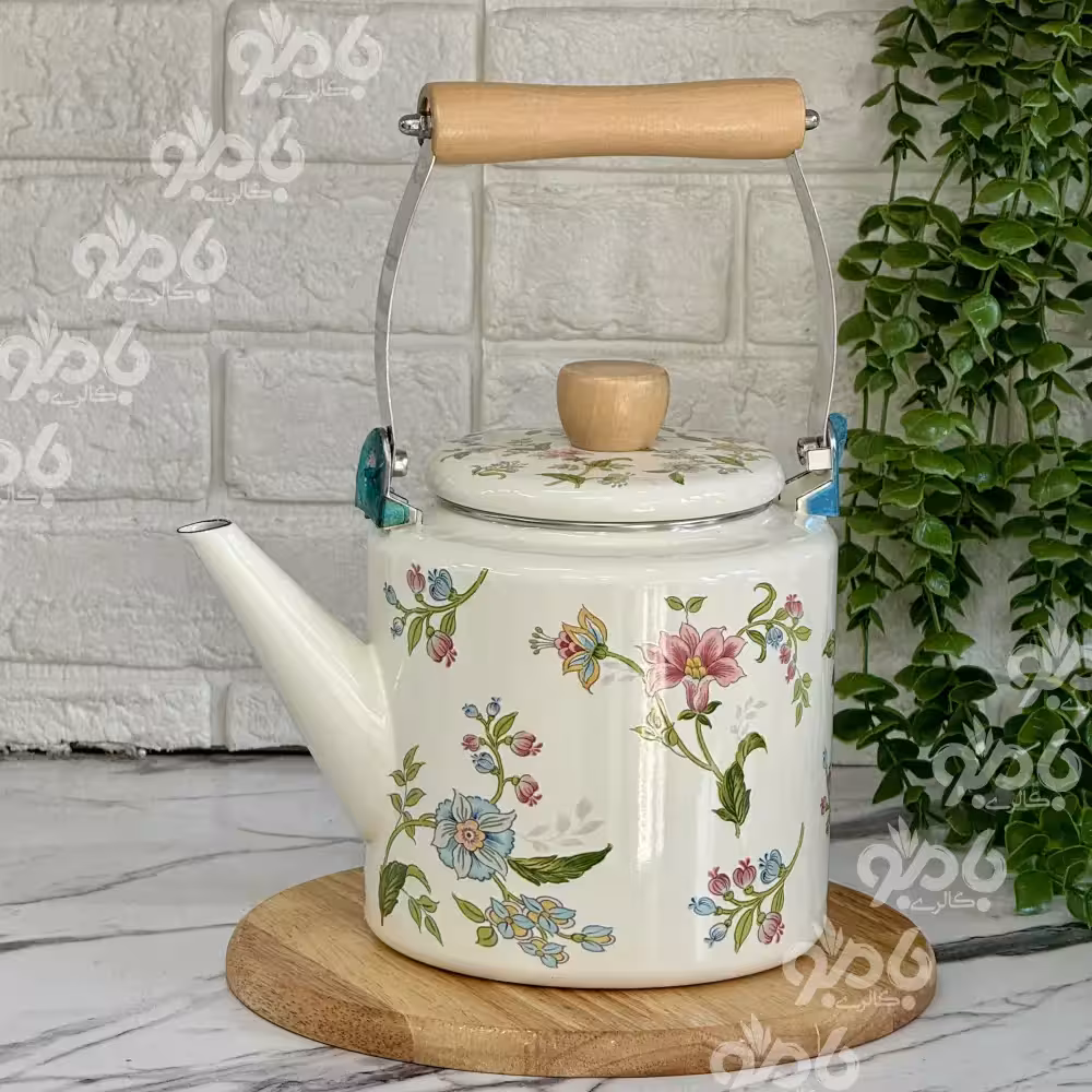 کتری تک لعابی دسته چوب گلدار 2 لیتر