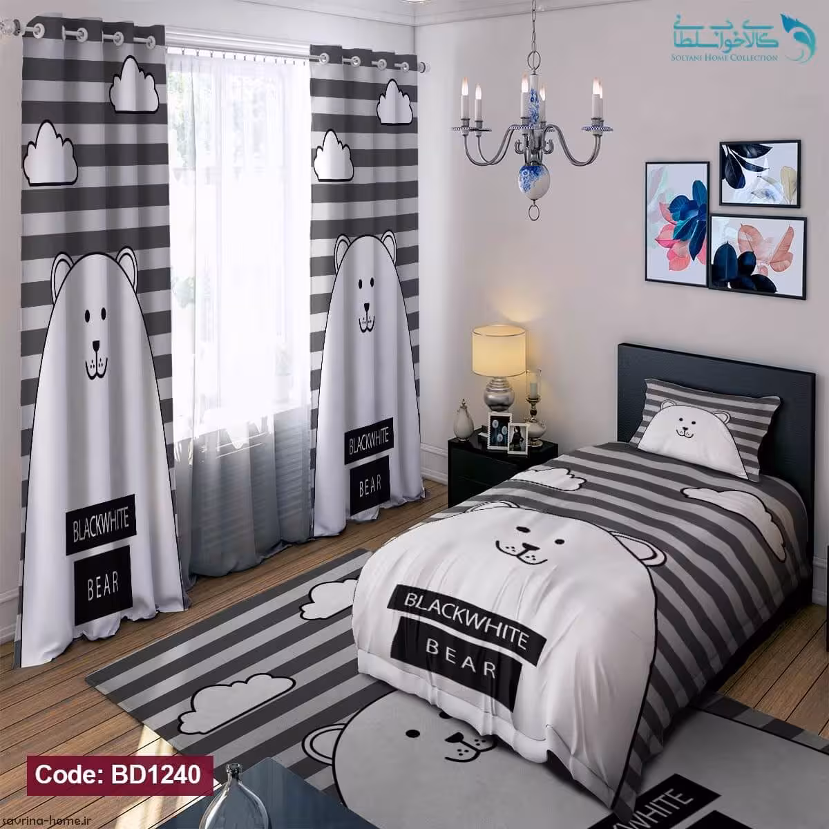 روتختی طرح خرس سیاه و سفید یکنفره کد BD1240