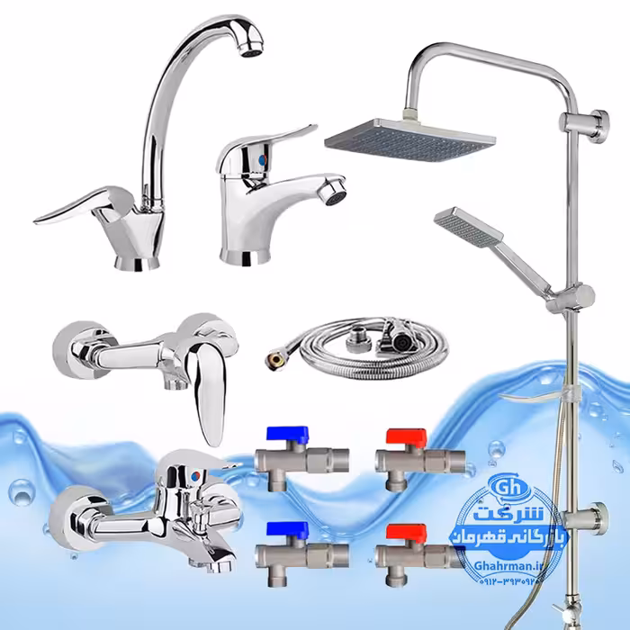 ست 10 عددی شیرآلات برند آیدا صنعت مدل قهرمان اردکی | شیر ظرفشویی   شیر روشویی   شیر حمام   شیر توالت   علم دوش یونیورست رسوب‌گیر   شلنگ توالت   چهار عدد شیر پیسوار | کروم براق
