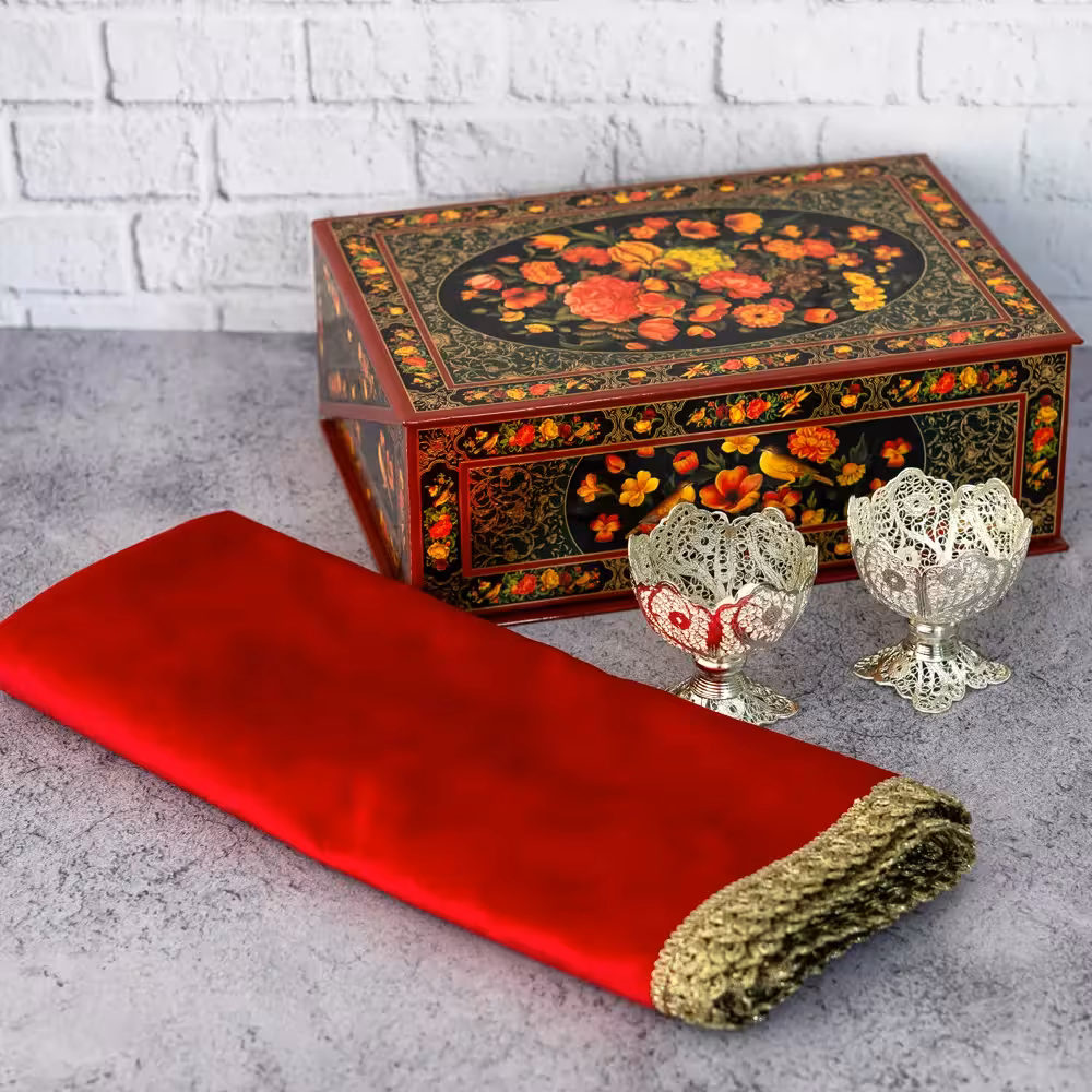 پک هدیه جفت آجیل خوری ملیله کاری و رومیزی مخمل