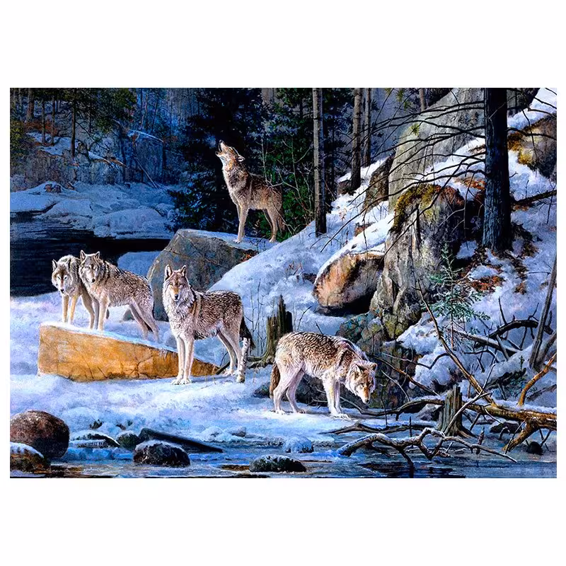 تابلو فرش ماشینی چاپی 1200 شانه طرح  گله گرگ های گرسنه  سایز 50 در 70 (حیوانات)