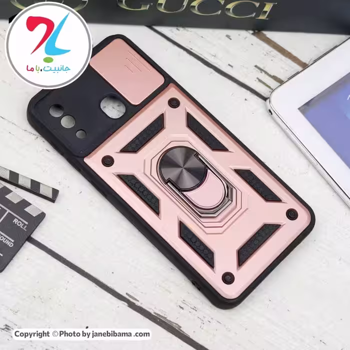 قاب گوشی سامسونگ ضد ضربه محافظ لنزدار هولدر دار Samsung A20 - رز گلد