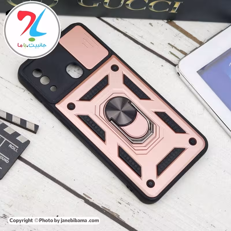 قاب گوشی سامسونگ ضد ضربه محافظ لنزدار هولدر دار Samsung A20 - رز گلد