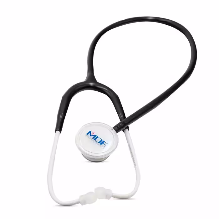 گوشی پزشکی دو طرفه دولوکس استیل MDF مدل 777 رنگ سفید با شلنگ مشکی