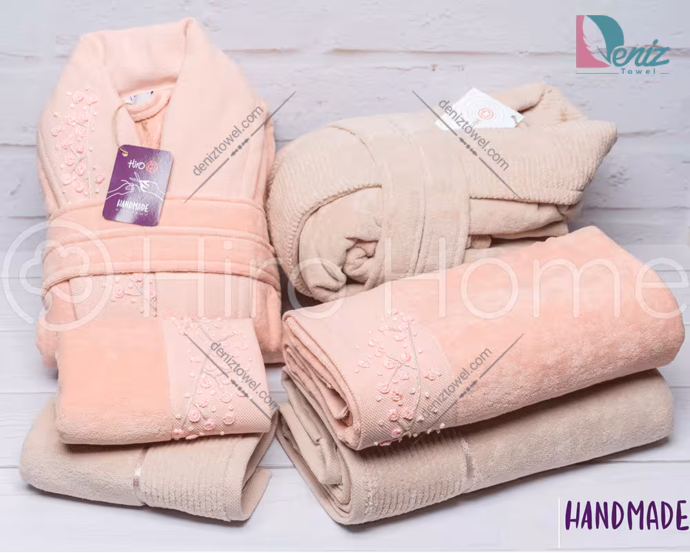 حوله ست دو نفره HANDMADE شکوفه رنگ کرم تیره و گلبهی