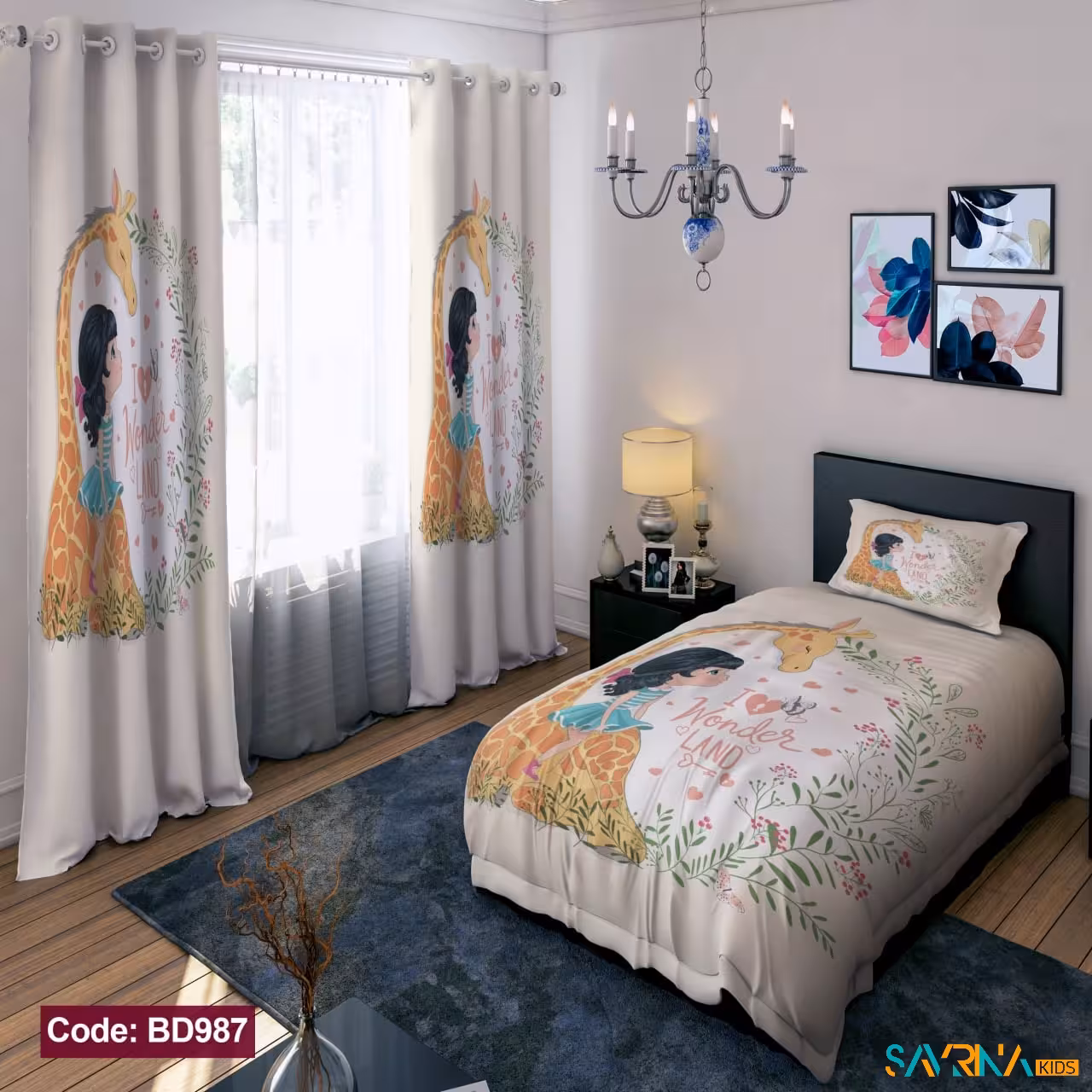 ست اتاق خواب دخترانه طرح دختر و زرافه کد BD987