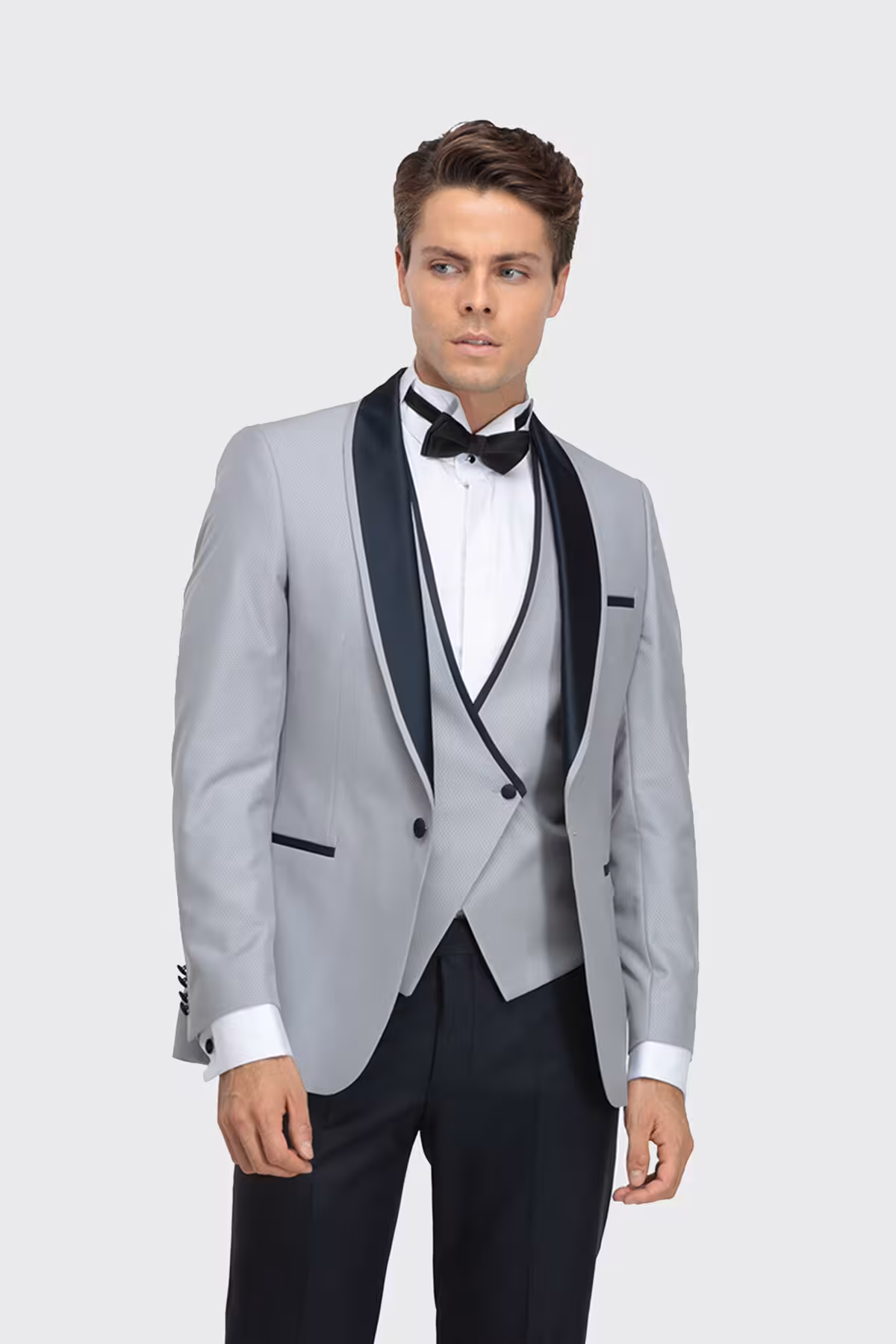 کت وشلوار مردانه داماد DS SLIM FIT GRAY JACQUARD GROOM و لباس تیمی جلیقه TUXEDO D'S Damat