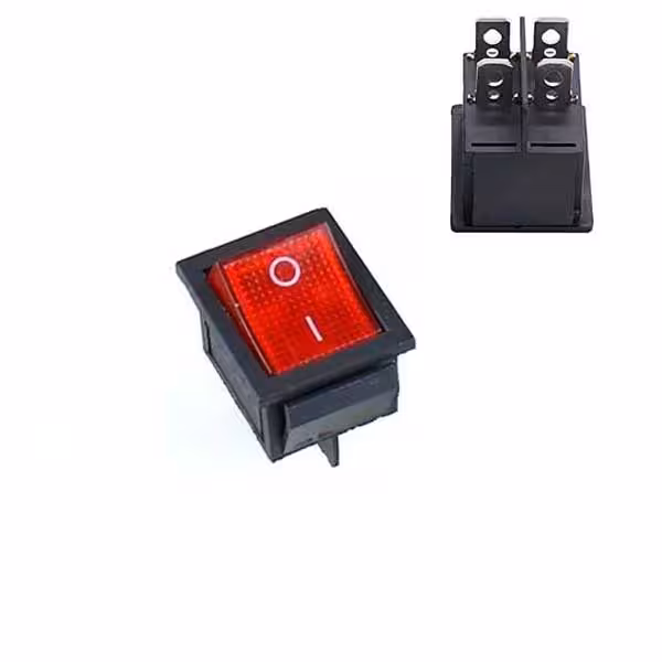 کلید راکر چراغ دار قرمز 4 پایه 2 حالت 25*30 میلیمتر KCD4-102N 4PIN