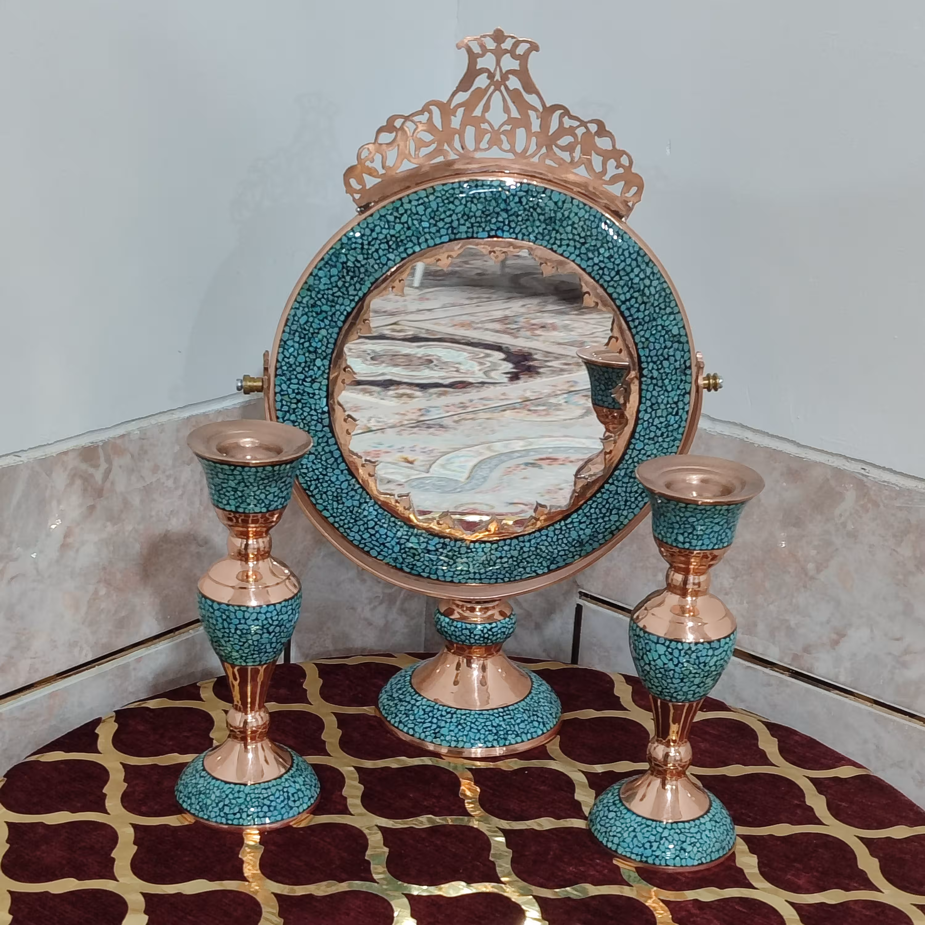 ست 3تیکه آینه و شمعدان مسی فیروزه کوبی