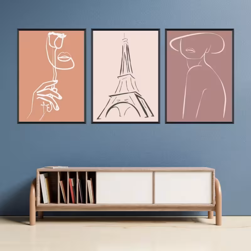 تابلو دکوراتیو سه تکه لاین آرت طرح دختر و ایفل
