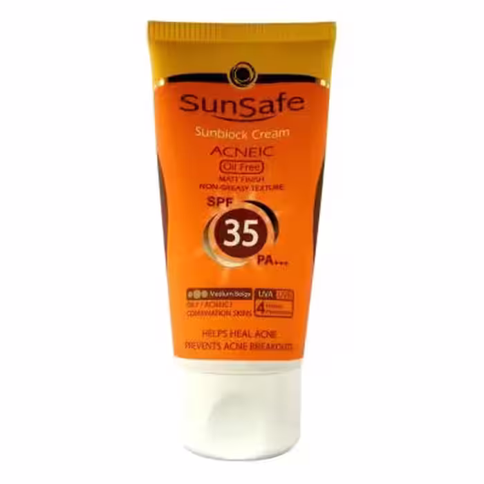 کرم ضدآفتاب فاقد چربی 35 Spf کرم پودری بژ متوسط سان سیف 50 میلی لیتر SunSafe