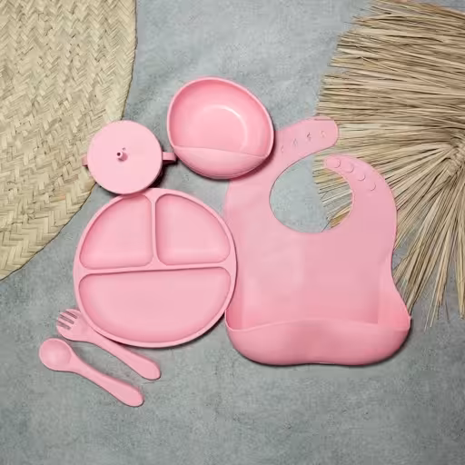 ست 7 تکه ظرف غذا سیلیکونی کودک (رنگ صورتی) (ظرف غذا سیلیکونی کامل)