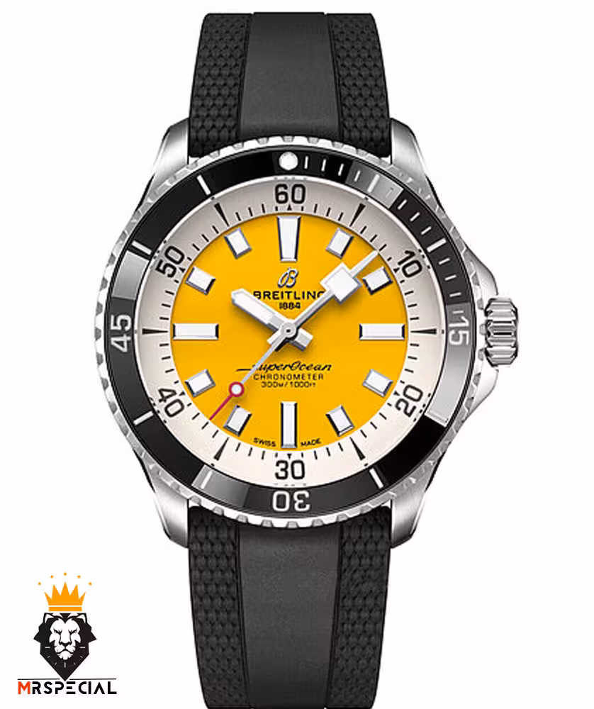 ساعت برایتلینگ مردانه اتوماتیک بند رابر مشکی صفحه زرد Breitling Super Ocean 02011