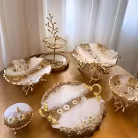 نیم ست ظروف پذیرایی گل بابونه پایه برنجی برگی رزینی جهیزیه عروس ست6تکه