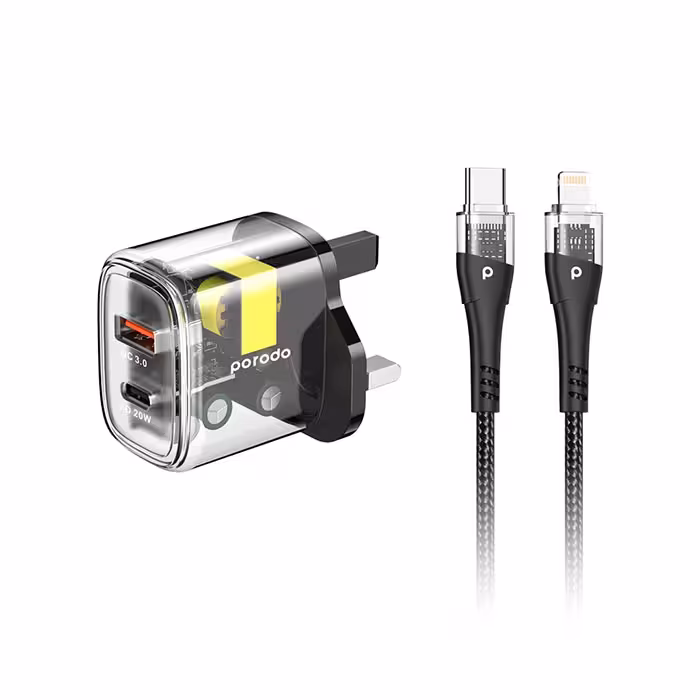 شارژر دیواری 20W پرودو مدل Dual Output Transparent با کابل Type-C به لایتنینگ