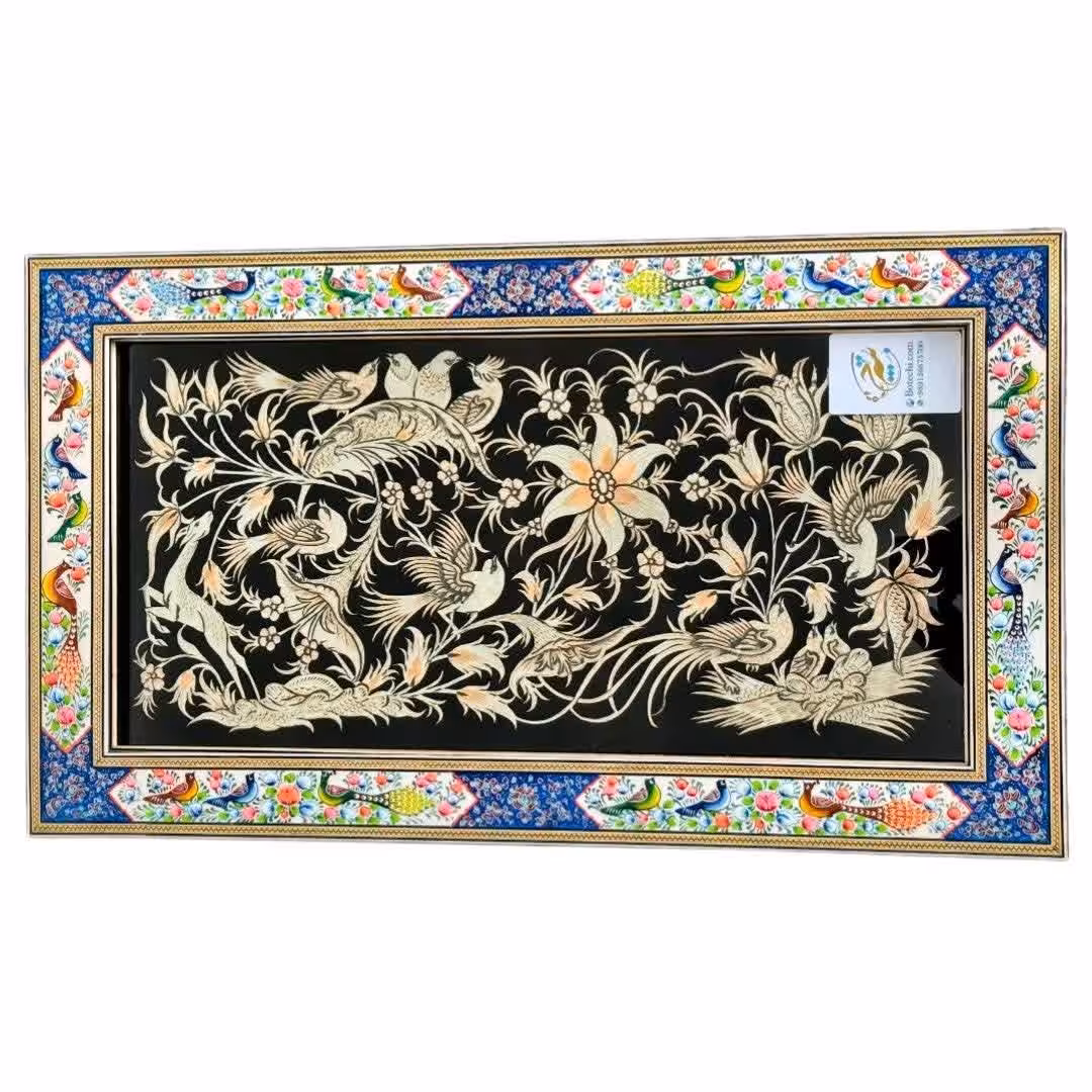 تابلو قلمزنی با قاب خاتم کاری گل و بلبل آبی تیره 42در72