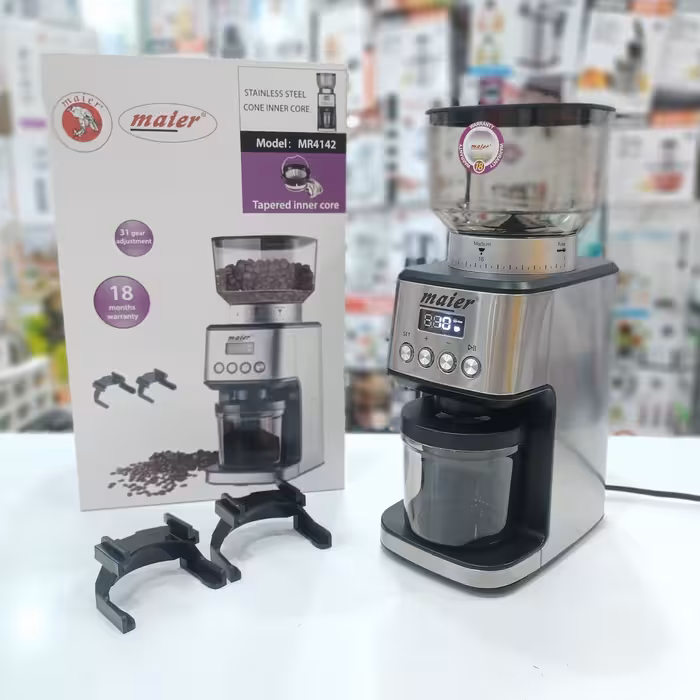 آسیاب قهوه مایر آلمان توان مصرفی 200 وات  حجم مخزن 150 گرم دارای درجه آسیاب از 1 تا 31 صفحه دیجیتال