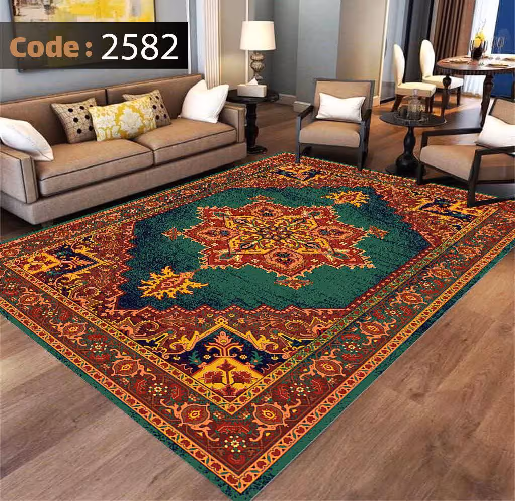 کاورفرش روفرشی دورکشدار گوشه لیفه ای لاکی ، آبی و متنوع کد 2582