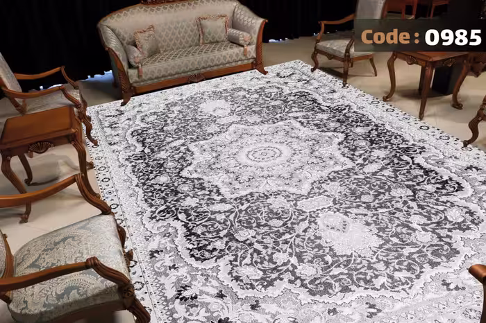کاورفرش روفرشی دورکشدار گوشه لیفه ای طوسی کرم کد 0985