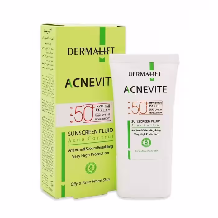 ضدآفتاب فلوئیدی درمالیفت SPF50 بی رنگ مدل Acnevite حجم 40 میل